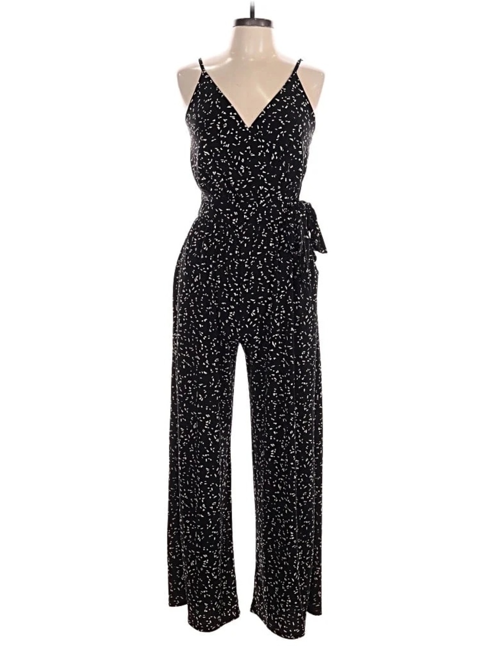 Kaileigh Black and White Spotted V-Neck Wide-Leg Jumpsuit